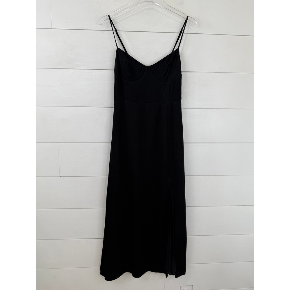 Sophie Rue Black Slip Midi Dress Seamed Bust Side Slit Minimalist M - Picture 2 of 9